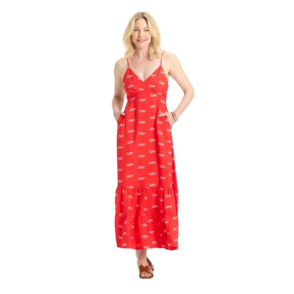 A New Day Red Maxi Dress With Fish Print Spaghetti Straps Back Cutout XL